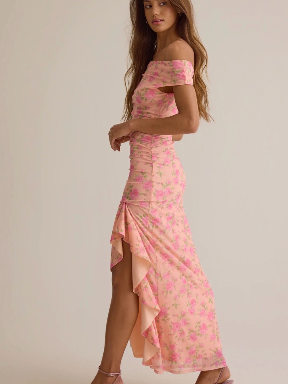 Altar'd State Pink Floral Off-Shoulder Ruffle High-Low Maxi - Picture 3 of 7